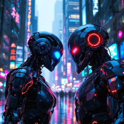 The primary subject of the image is a futuristic cityscape featuring two robotic characters, possibly cyborgs, standing next to each other. The setting is a bustling urban environment with tall buildings and neon lights, creating a vibrant and lively atmosphere. The visual style of the image is a combination of photo and digital art, giving it a unique and captivating appearance. The dominant colors in the scene are a mix of bright neon lights and darker tones, contributing to the overall mood